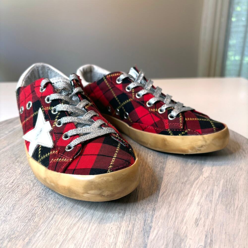 Golden Goose Super-Star Red Plaid Tartan Canvas Sneakers White Star EU 37 US 7